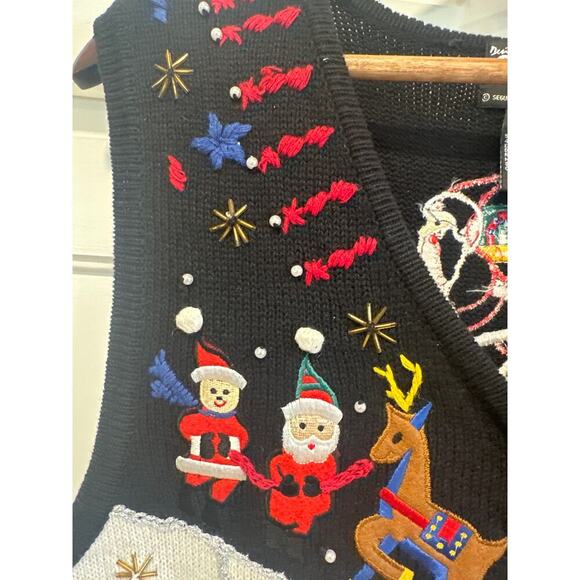 Vintage Santa Christmas vest embellished 90’s ugly holiday beaded cotton ramie - Picture 2 of 7